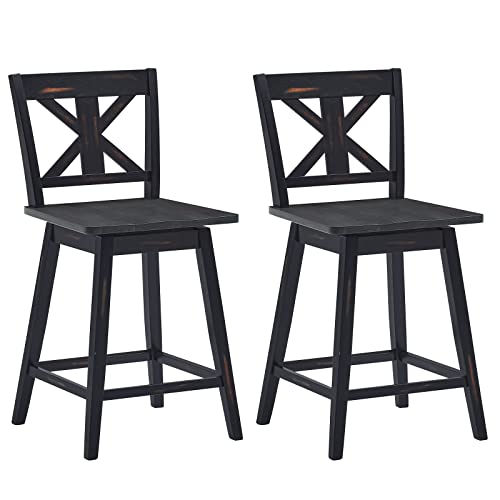 COSTWAY Bar Stools Set of 2, 360 Degree Swivel Counter Height Chairs w/Non-Slip Foot Pads, Rubber Wood Bar Chairs, Vintage Bar Stools for Home, Restaurant & Pub (Black)