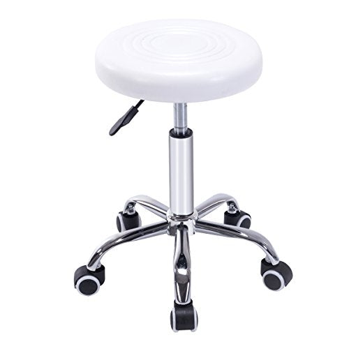 COSTWAY Rolling Stool Ergonomic Swivel Adjustable Hydraulic Drafting Salon Massage Spa Stool with Comfortable Larger Cushioned Seat, Chrome Metal Base (White)