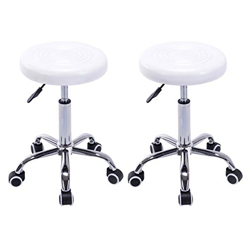 COSTWAY Rolling Stool Ergonomic Swivel Adjustable Hydraulic Drafting Salon Massage Spa Stool with Comfortable Larger Cushioned Seat, Chrome Metal Base (White Set of 2)