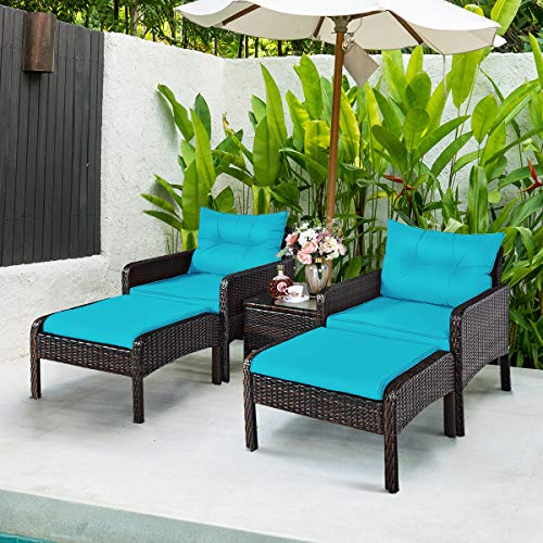 COSTWAY 5 PCS Patio Rattan Furniture Set Sofa Ottoman Table Cushioned Turquoise