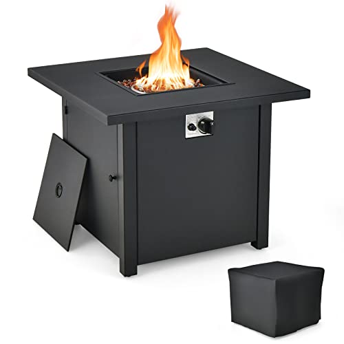 COSTWAY 32 Inch Outdoor Fire Pit Table, 50,000 BTU Square Metal Fire Table with Lid & PVC Cover & Glass Stones, CSA Approved, Fire Table for Outside Patio Garden Backyard