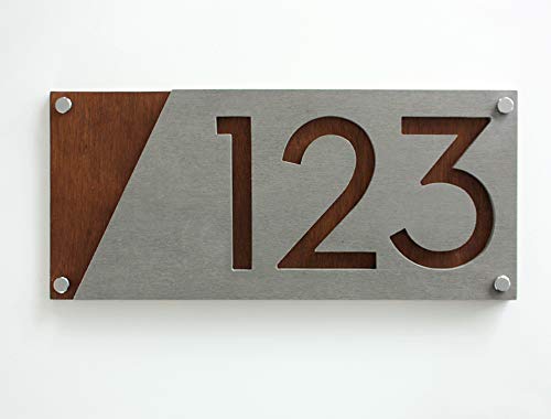 Modern House Numbers - Concrete with Dark Oak Marine Plywood - Contemporary Home Address - Sign Plaque - Door Number