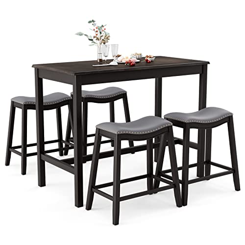 COSTWAY 5-Piece Dining Table Set for 4, Counter Height Breakfast Table and Upholstered 4 Saddle Stools, Space-Saving Design, Rubber Wood Pub Dinette Set for Bistro Dining Room Small Space, Black+Grey