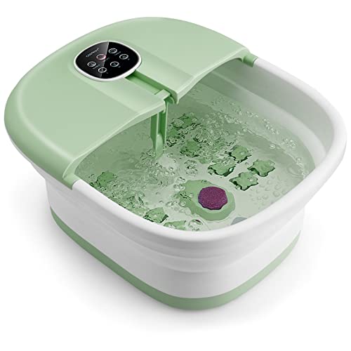 COSTWAY Collapsible Foot Spa Bath, with Heat, Bubbles, 16 Shiatsu Massage Rollers, Pedicure Foot Spa Tub W/Remote Control, Timer, Pumice Stone, Medicine Box (Green+White)