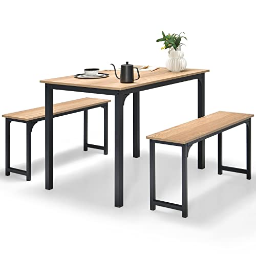 COSTWAY 3 PCS Dining Table Set for 4, Rectangular Kitchen Table with 2 Benches, Industrial Counter Height Table Set with Anti-Slip Pads, Heavy Duty Steel Frame for Dining Room, Kitchen, Bar (Natural)