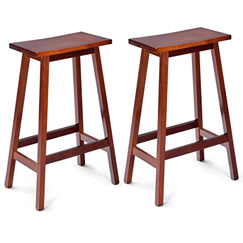 COSTWAY Wood Saddle Seat Stools Set of 2, Counter Height Barstools with Footrest, Backless Design Chairs for Bistro Pub Home (Walnut, 29")