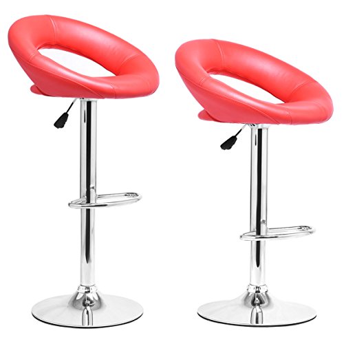 COSTWAY Set of 2 Modern Leather Bar Stool Hydraulic Swivel Dinning Chair Pub Barstools (Red)