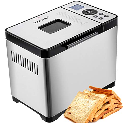 COSTWAY 2 LB Bread Maker Stainless Steel Automatic Programmable Multifunctional Bread Machine with 19 Programs, 3 Loaf Sizes, 3 Crust Colors, 15 Hours Delay Timer, 1 Hour Keep Warm (19 Programs 650W)