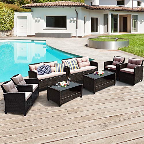 COSTWAY 8 PCS Outdoor Rattan Furniture Set Cushioned Sofa Armrest Table W/Lower Shelf