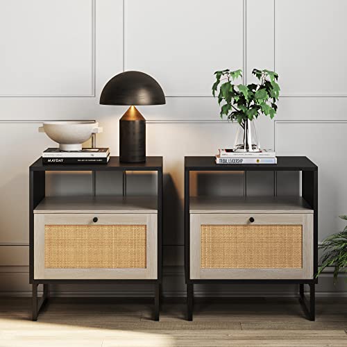 Nathan James Mina Rattan Wood End Side Accent Table Nightstand with Storage, Set of 2, Black Oak/Black