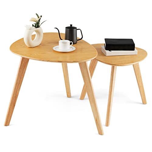 COSTWAY Nesting Coffee Table Set of 2, Solid Wood Sofa Side Table with Rubber Wood Legs, Triangle Center Cocktail Tea Table, Small End Table Set for Living Room, Bedroom, Office, Small Spaces, Natural