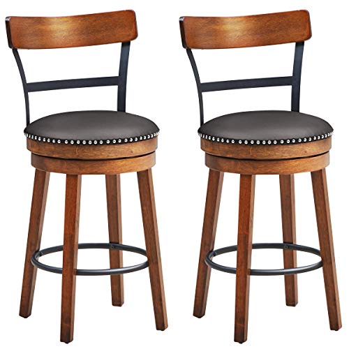 COSTWAY Bar Stools Set of 2, 360-Degree Swivel Stools with Leather Padded Seat, Single Slat Ladder Back & Solid Rubber Wood Legs, Counter Height Stools for Pub, Restaurant, Kitchen, Brown (2, 25.5)