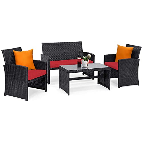 COSTWAY 4PCS Patio Rattan Furniture Conversation Set Cushion Sofa Table Garden Red