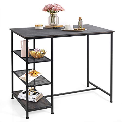 COSTWAY Counter Height Pub Table, Modern Bar Table with 3 Open Storage Shelves, Dining Table with Metal Frame for Small Space, Dining Room, Living Room, Breakfast Nook, Bar, Black