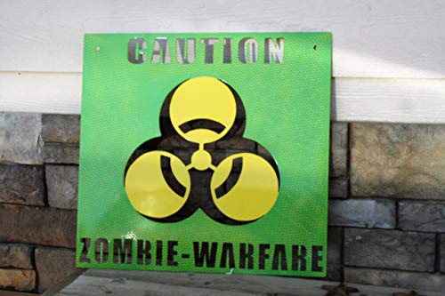 Funny Chicken Metal Steel Yard Stake or Wall Art Sign (19" Square Wall Art, Zombie Warfare, Yellow & Green)