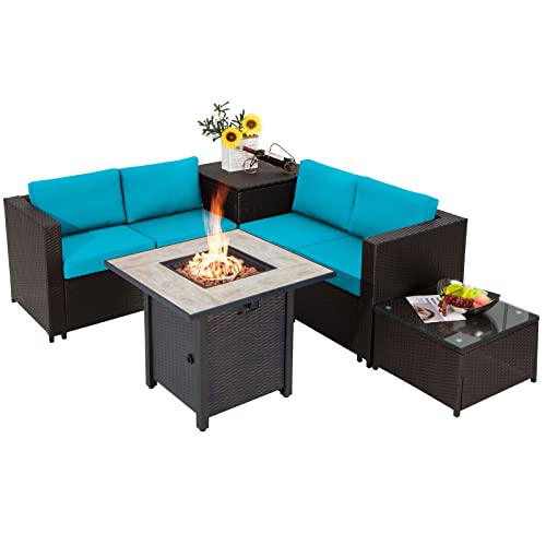 COSTWAY 5 PCS Patio Rattan Furniture Set 30" Fire Pit Table W/Cover Cushion Turquoise