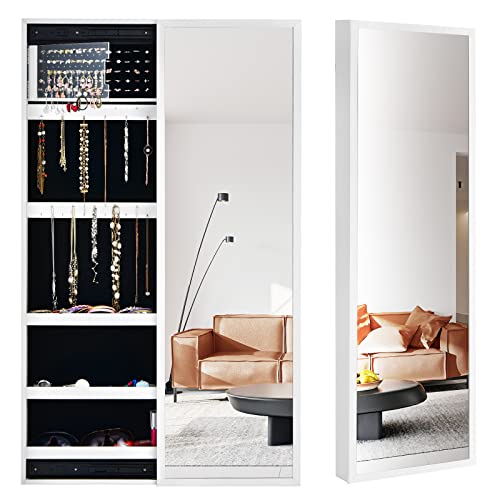 COSTWAY Mirror Jewelry Cabinet Wall Mounted, 47-Inch Large Storage Jewelry Box Organize with Full-Length Mirror, Single Door Sliding Jewelry Armoire for Living Room Bedroom (White)