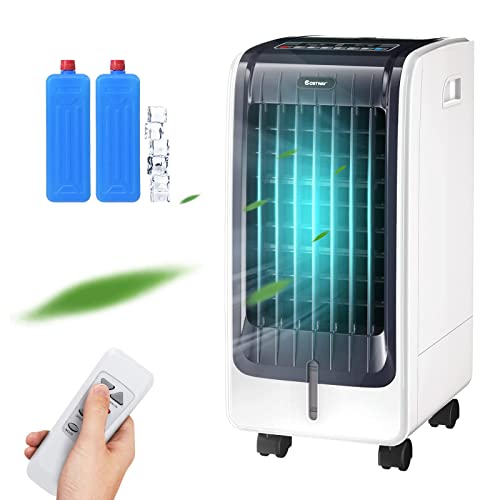 COSTWAYÊPortableÊEvaporativeÊAirÊCoolerÊforÊRoom, 3-in-1 Portable Air Cooler with Remote Control, 8-Hour Timer, 2 Ice Crystal Boxes, Quiet Operation, Evaporative Cooler for Bedroom Home Office