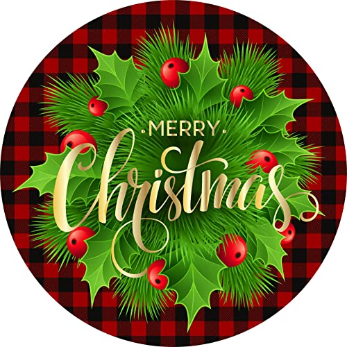 Christmas Wreath Sign-Merry Christmas-Red And Black Buffalo Plaid-Round Sign-Metal Wreath Sign (8")