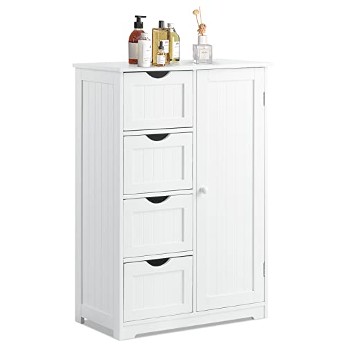 COSTWAY Bathroom Storage Cabinet, Wooden Freestanding Storage Cupboard Organizer with 4 Deep Drawers & Adjustable Shelf, Modern Floor Cabinet for Living Room, Bathroom, Kitchen, Entryway (White)