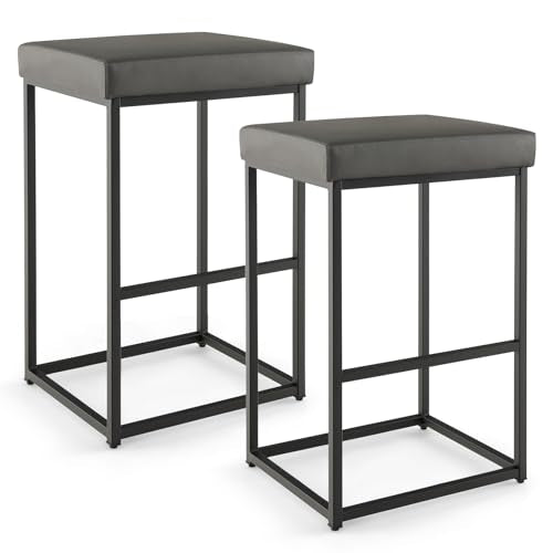 COSTWAY Bar Stools Set of 2, Max Load 350 Lbs, 30-inch Height PU Leather Upholstered Bar Chairs with Solid Metal Frame, Adjustable Feet, Kitchen Island Barstools for Dining Room, Easy Assembly, Grey