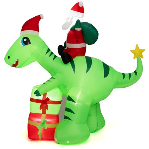 COSTWAY 8 FT Christmas Inflatables Decoration, Blow-up Santa Claus Dinosaur Decoration w/Gift Boxes, Built-in LED Lights, Indoor Outdoor Holiday Xmas Decoration