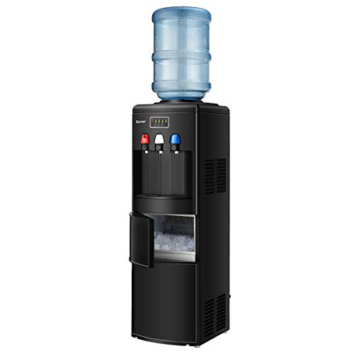 COSTWAY 2-in-1 Water Cooler Dispenser with Built-in Ice Maker, Freestanding Hot Cold Top Loading Water Dispenser, 27LBS/24H Ice Maker Machine with Child Safety Lock, Black