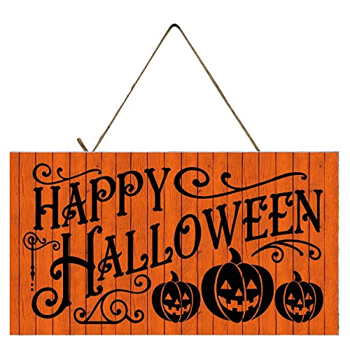 Twisted R Design Halloween Wood Sign Home Decor Art Accessories Signs Wall Hanging Living Room Kitchen Wall Decor Funny SIgn (10 x 5 inches, Three Pumpkin Happy Halloween)