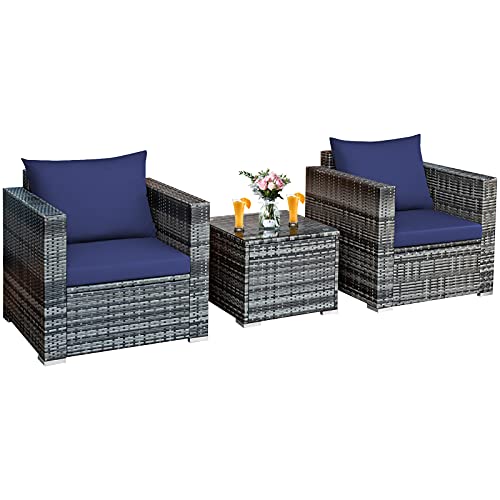 COSTWAY 3 PC Patio Rattan Furniture Bistro Set Cushioned Sofa Chair Table Navy