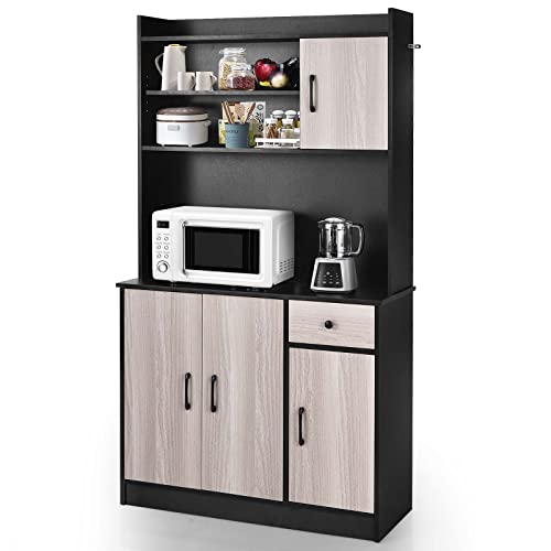 COSTWAY Freestanding Buffet with Hutch, Kitchen Pantry Storage Cabinet with 5-Position Adjustable Shelves, Kitchen Buffet Cabinet with Open Shelves, Doors and Drawer for Home (Black)