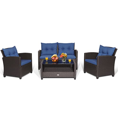 COSTWAY 4 PCS Patio Rattan Furniture Set Glass Table Shelf Sofa Cushion Navy