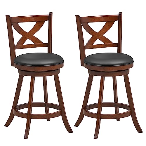 COSTWAY Bar Stools Set of 2, 24 Inch Classic Counter Height Chairs with X-Shaped Open Back, 2 PCS Swivel Barstool Set for Kitchen Island, Pub, Bistro, CafŽ, Espresso (2, 24 Inch)