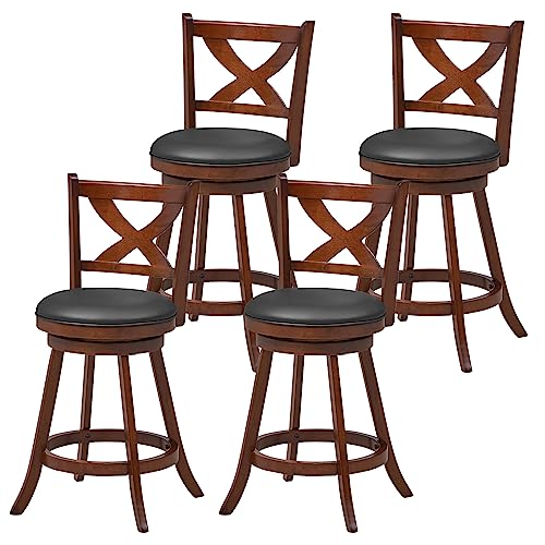 COSTWAY Bar Stools Set of 4, 24 Inch Classic Counter Height Chairs with X-Shaped Open Back, 4 PCS Swivel Barstool Set for Kitchen Island, Pub, Bistro, CafŽ, Espresso (4, 24 Inch)