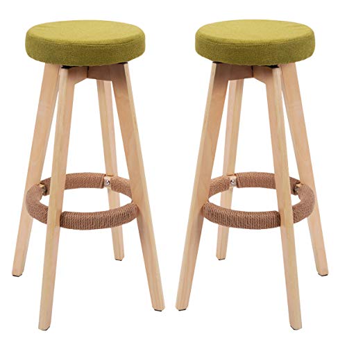 COSTWAY 29" Winsome Round Wood Bar Stool Dining Chair Counter Height Linen Seat (2, Green)