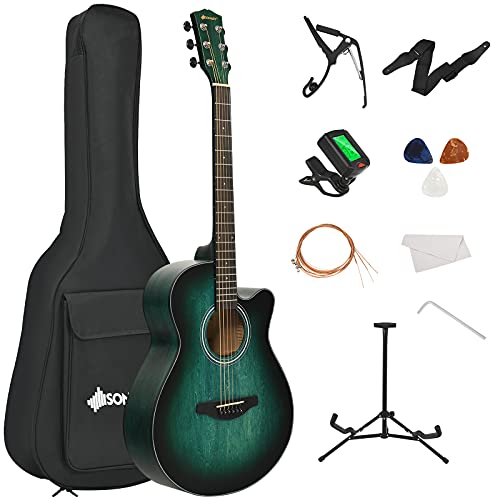 COSTWAY 40" Full Size Acoustic Guitar, 6 String Cutaway Folk Guitarra Bundle with Gig Bag, Tuner, Picks, Strap, Extra Strings, Truss Rod, Capo, Stand, Clean Cloth, for Beginner (Green)