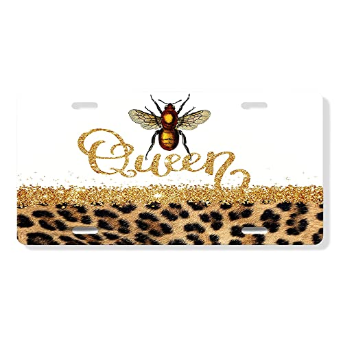 Vanity Decorative Front License Plate - Cute Car License Plate Made in the USA - Aluminum Metal Plate - Premium Quality Car Plate with 4 Mounting Holes - Front Plate for Car (Leopard Print Queen Bee)