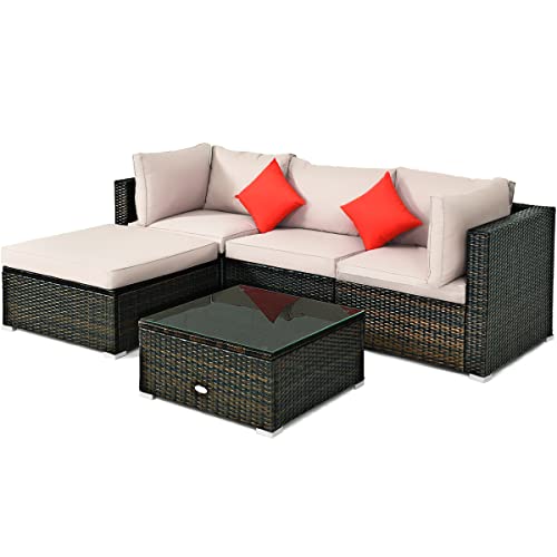 COSTWAY 5PCS Outdoor Patio Rattan Furniture Set Sectional Conversation W/Beige Cushion