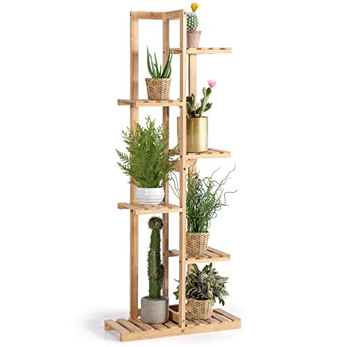 COSTWAY 6-Tier Plant Stand, Bamboo Plants Holder Outdoor Multi-Tiered Plant Shelf Coated with Varnish & 6 Pots, Multi-Purpose Display Shelf for Balcony Garden Living Room (6 Tier)