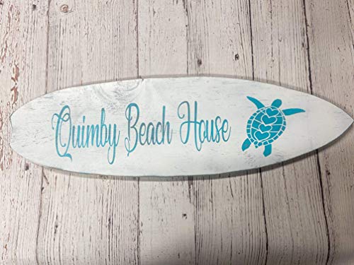 Personalized Beach House Sea Turtle Sign Wooden Surfboard Last Name Nautical Wall Decor White Washed Valentines Day Present