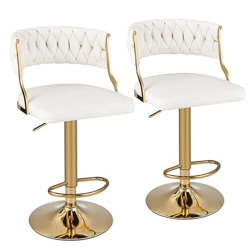 COSTWAY Velvet Adjustable Bar Stools Set of 2, Max Load 400 Lbs, Modern Upholstered Swivel Barstools with Woven Back, Footrests, Adjustable Height Bar Chairs for Kitchen Island Cafe Pub, Beige+Gold