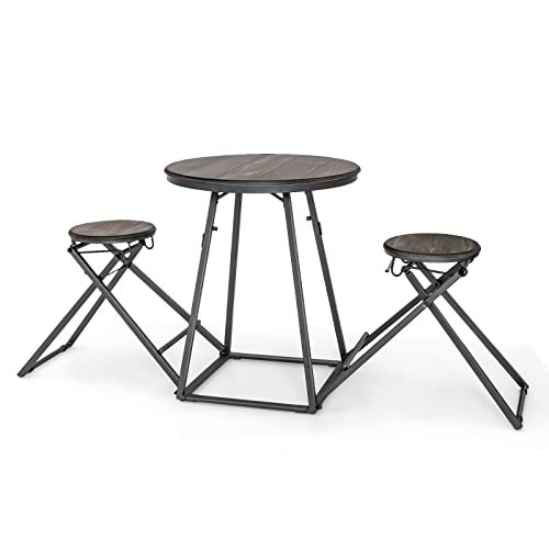 COSTWAY Bar Table and Stools Set of 3, Round Pub Bistro Table with 2 Foldable Stools, Heavy-Duty Steel Frame, Modern Table and Chairs Set for 2, Kitchen Dining Set for Apartment, Restaurant, Bar