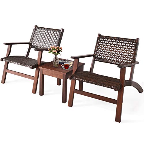 COSTWAY 3PCS Outdoor Patio Rattan Furniture Set Solid Wood Frame Chair Coffee Table