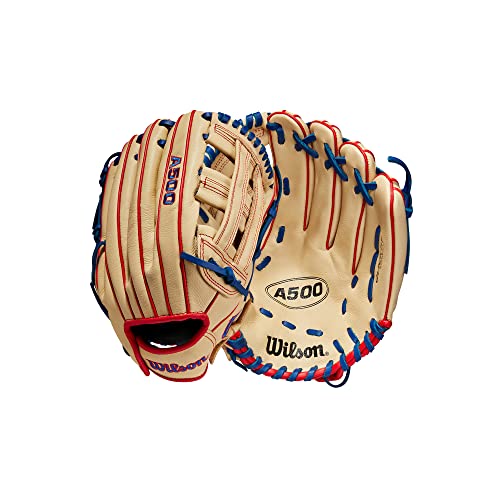 WILSON A500 12” Utility Youth Baseball Glove - Right Hand Throw, Blonde/Red/Royal