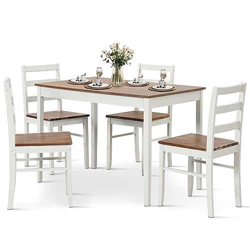 COSTWAY 5-Piece Dining Table and Chair Set, Kitchen Table and 4 Chairs with Back, Rubber Wood Legs, Breakfast Nook, Space-Saving Set for Kitchen Dining Room Restaurant, Coffee+White