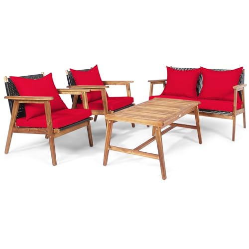 COSTWAY 4PCS Patio Rattan Furniture Set Acacia Wood Frame Cushioned Sofa Chair Red