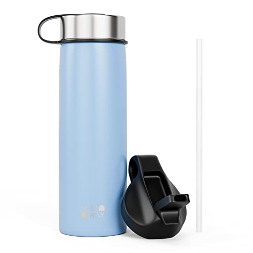 COSTWAY 22 oz Insulated Water Bottle, Stainless Steel with 2 Lids & Straw, Double Walled Insulated Water Flask for Hot & Cold Drinks, Suitable for Backpack, Hiking, Camping, Office (Aqua Blue)