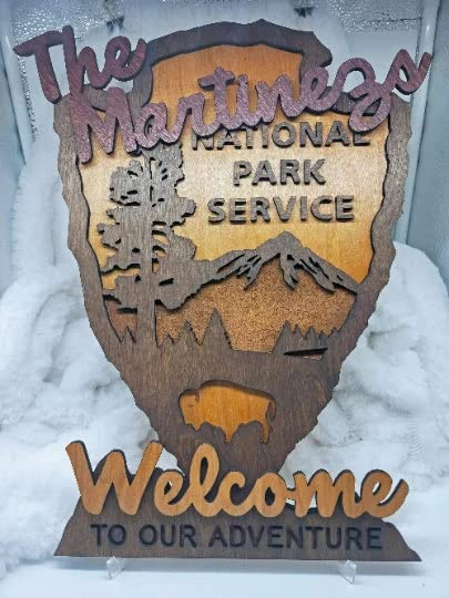 National Park Service Arrowhead - NPS inspired family name sign, custom layered laser cut laser engraved, outdoor, wilderness enthusiast