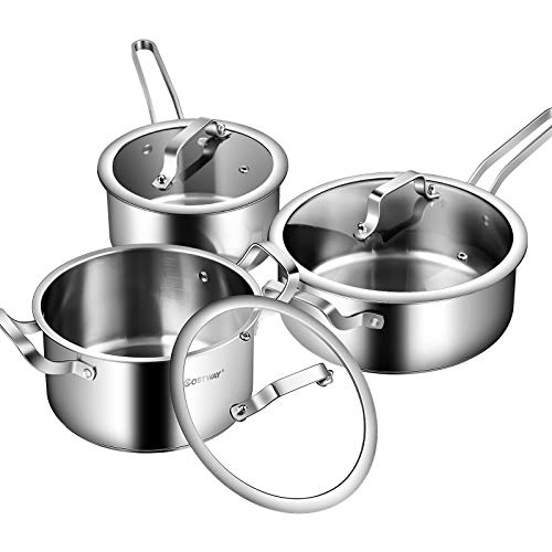 COSTWAY 6 Piece Stainless Steel Cookware Set, Induction Cooking Pots Set, Oven & Dishwasher Safe, Convenient Grip Handle, Tempered Glass Lid, Large Capacity, Even Heat Distribution