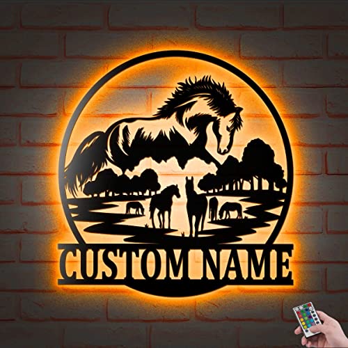 Custom Running Horse Metal Wall Art LED Light Personalized Farm Name Sign Home Decor Hanging For Home Nursery Decoration Gifts