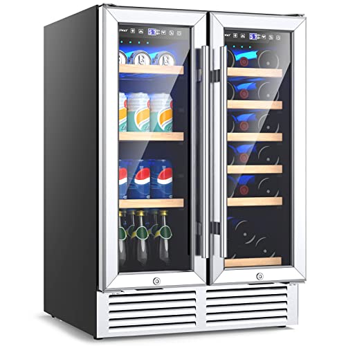 COSTWAY 24 Inch Wine and Beverage Refrigerator, Dual Zone 19 Bottles and 57 Cans Wine Cooler, Under Counter Wine Fridge with Lock, Built-In Freestanding Beverage Fridge for Beer Soda Drink